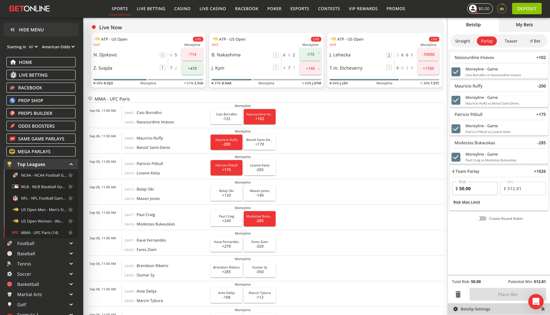 BetOnline bet slip showing selected bets and wager amount