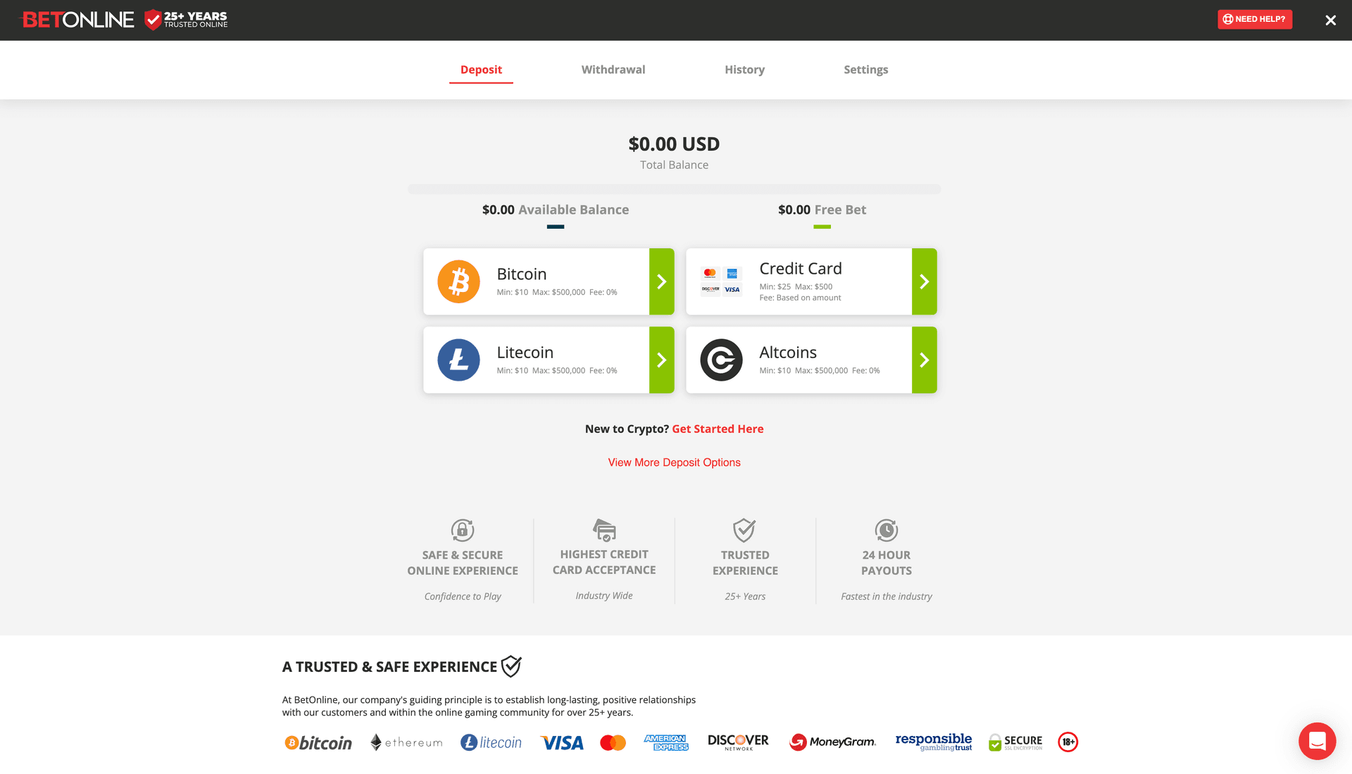 BetOnline deposit page showing payment methods and options