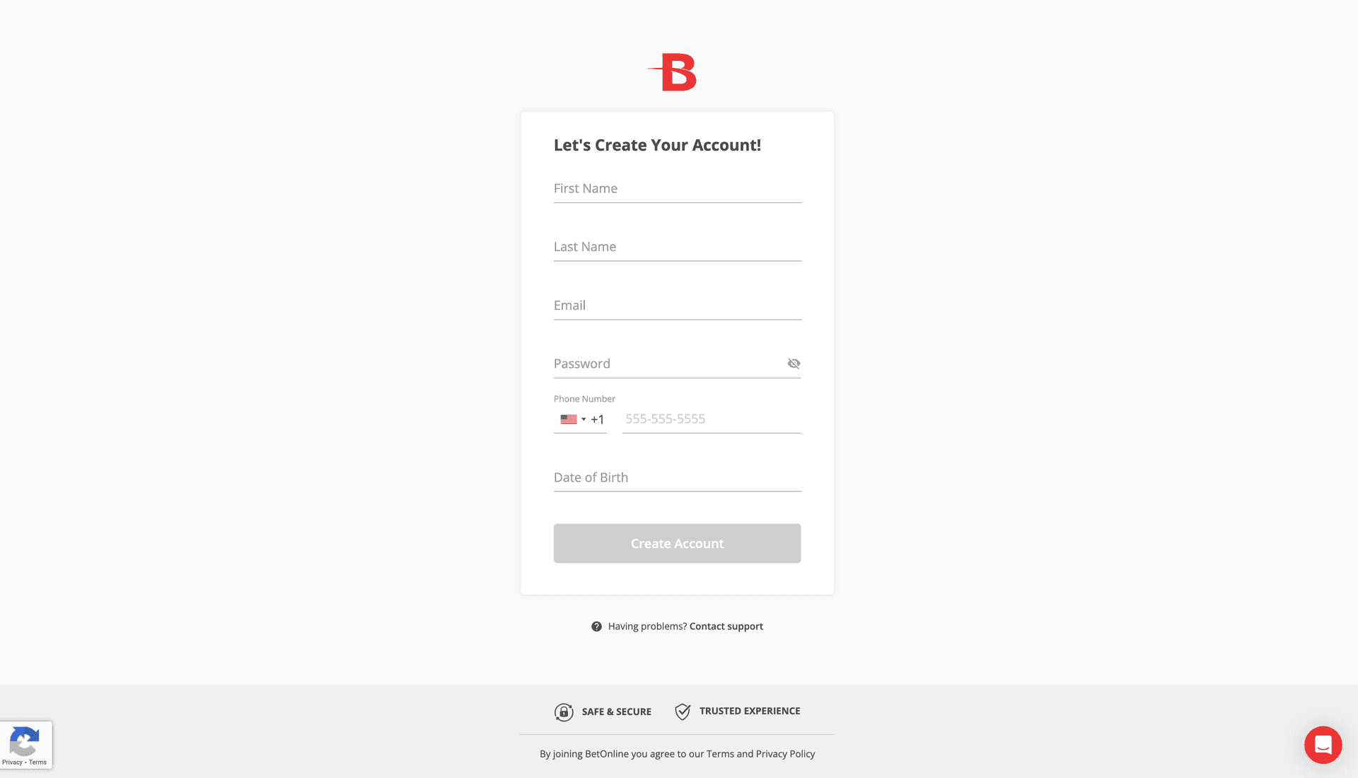 BetOnline registration form showing account creation fields