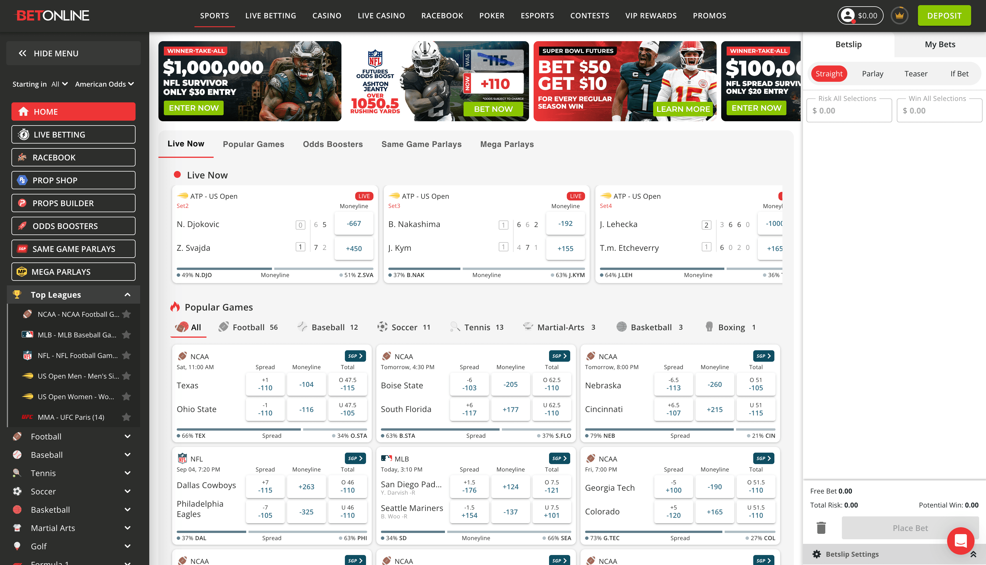 BetOnline main sportsbook interface showing navigation and betting options