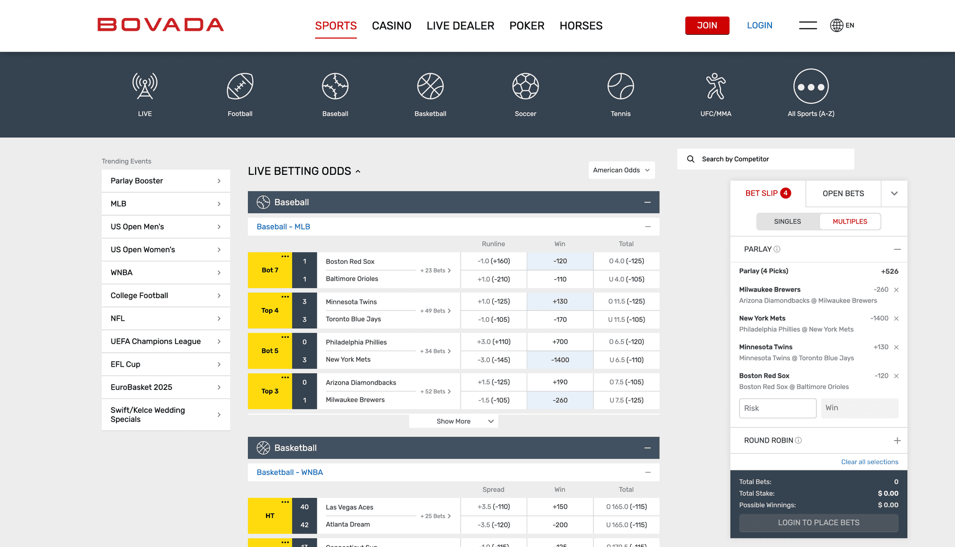 Bovada bet slip with a single selection and wager amount entered
