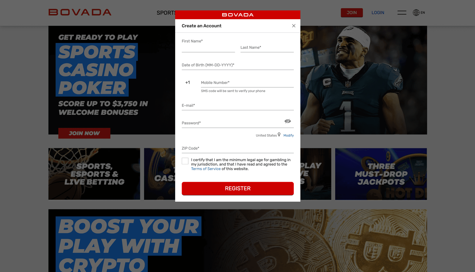 Bovada registration form showing account creation fields
