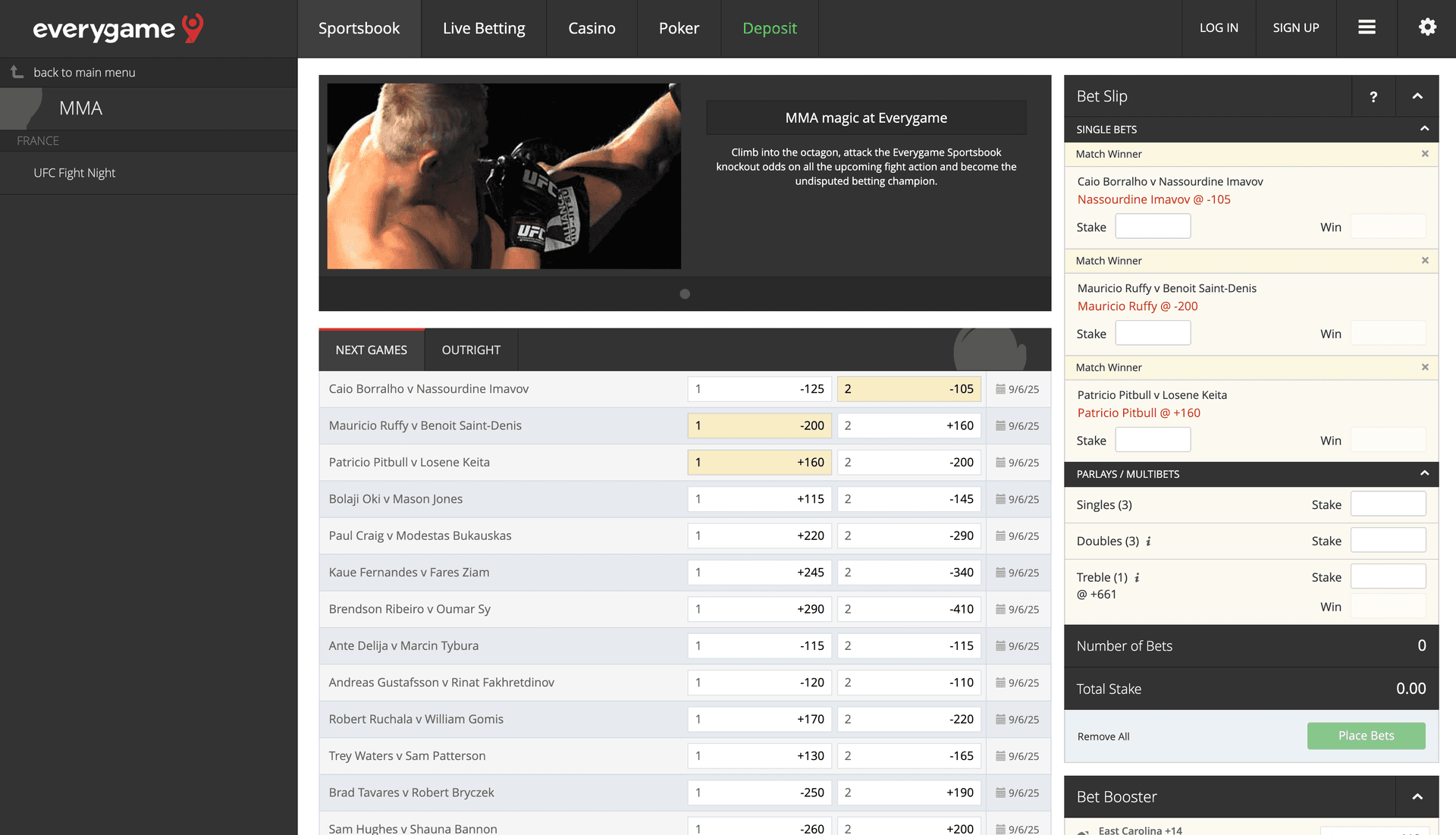 Everygame bet slip with a single selection and wager amount entered