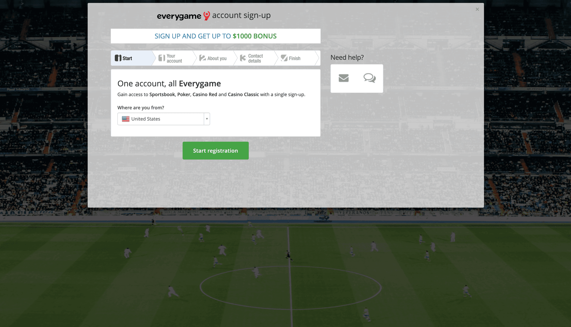 Everygame registration form showing account creation fields