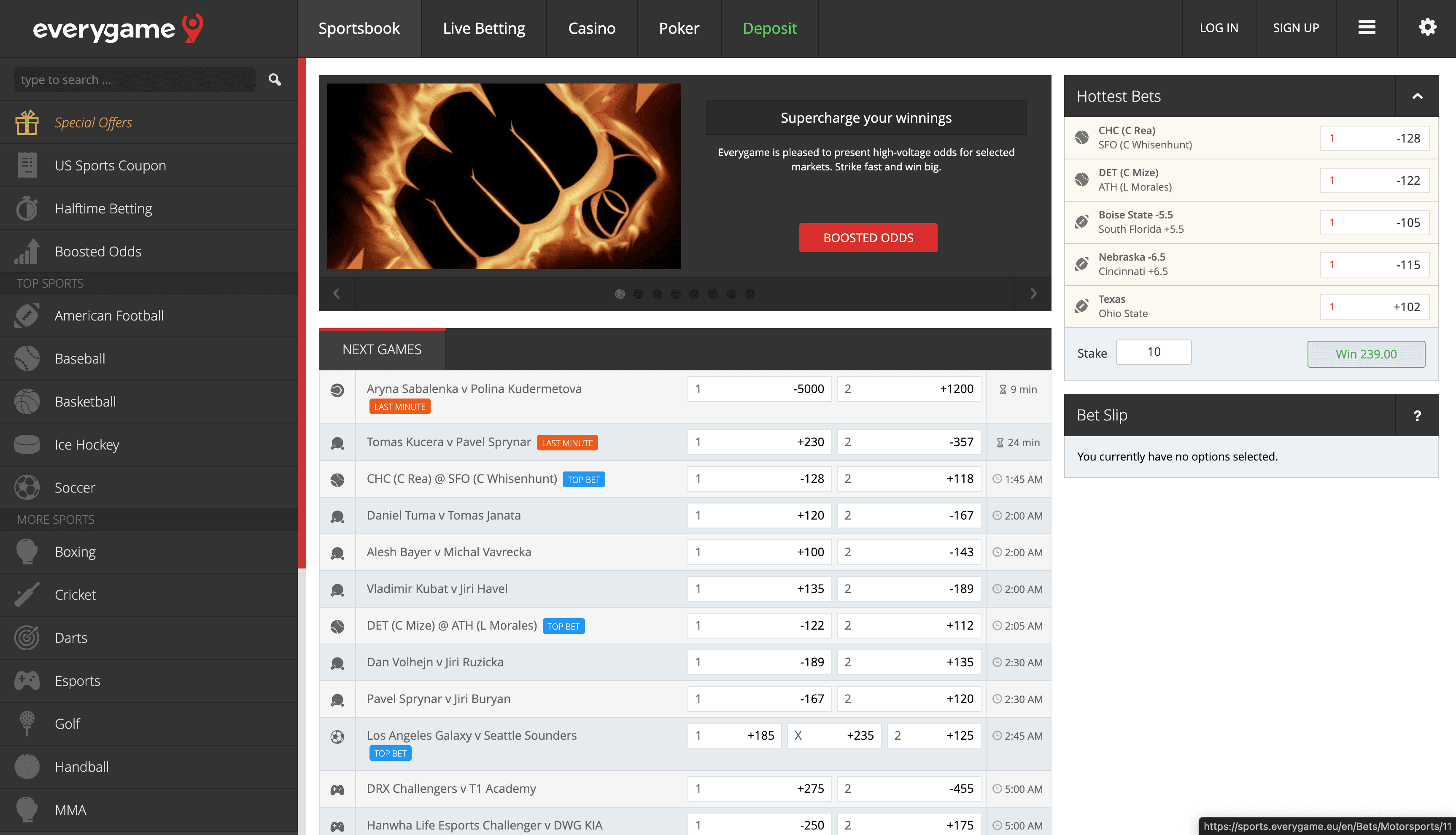 Everygame main sportsbook interface, showing the top navigation, sports menu, main odds display, and bet slip