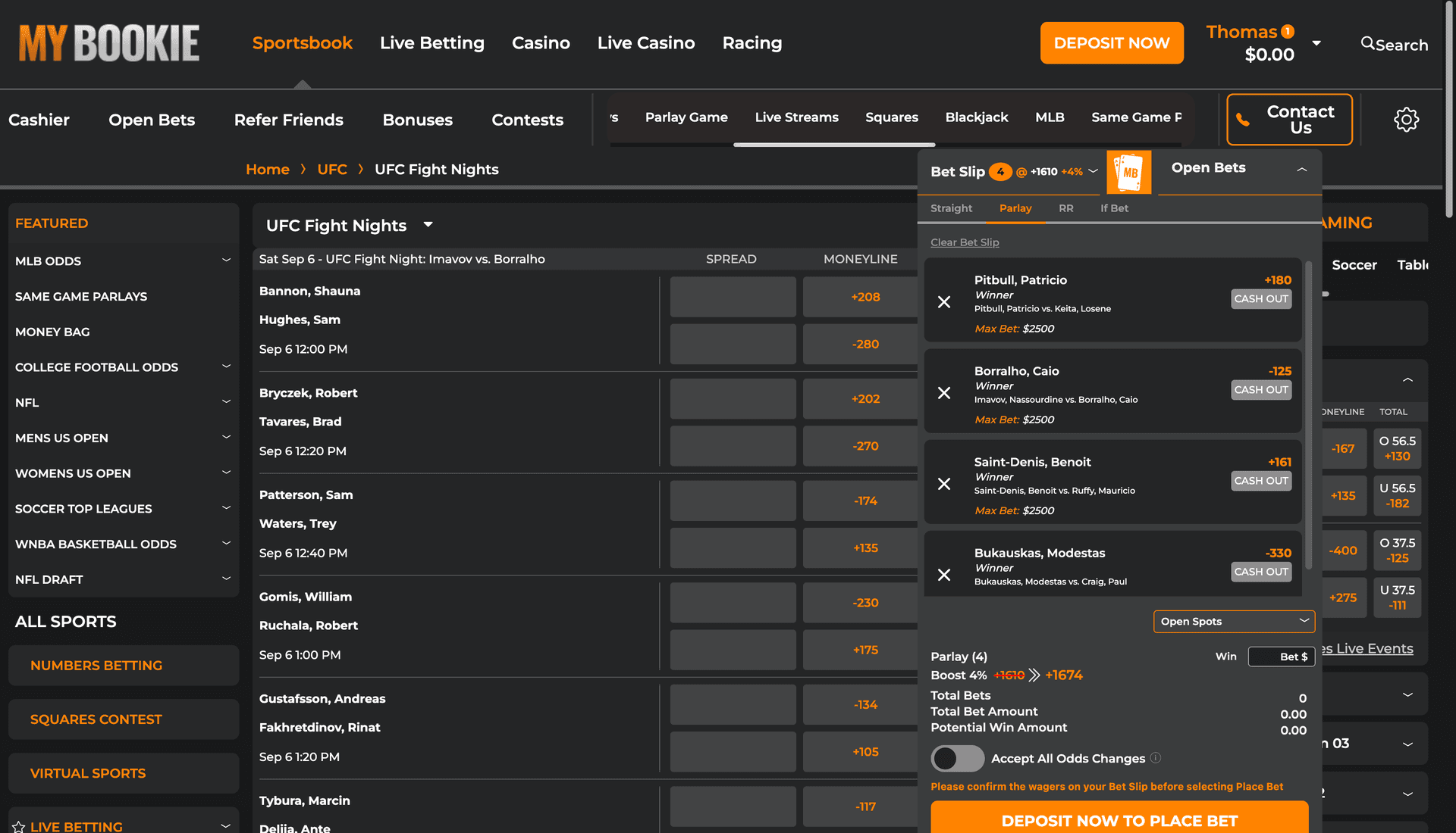 MyBookie bet slip showing selected bets and wager amount