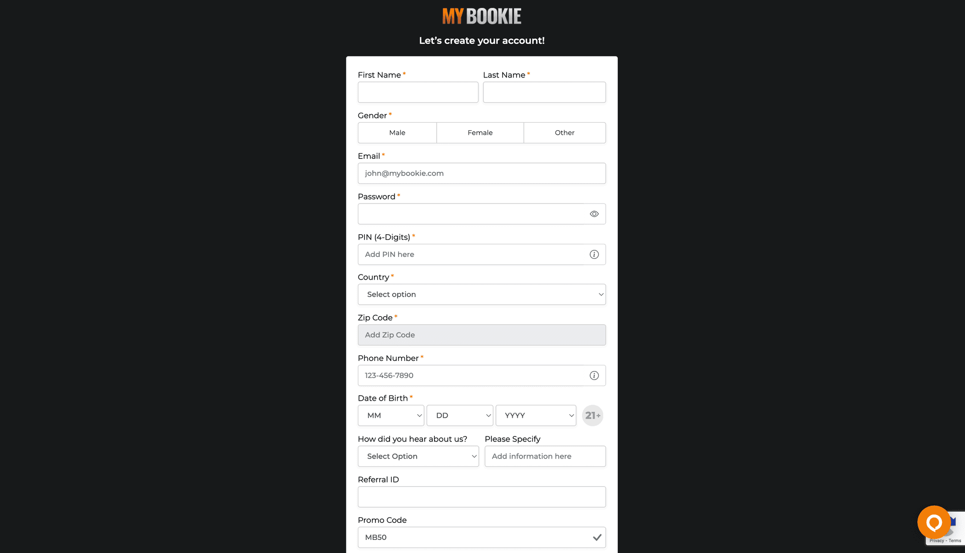 MyBookie registration form showing account creation fields
