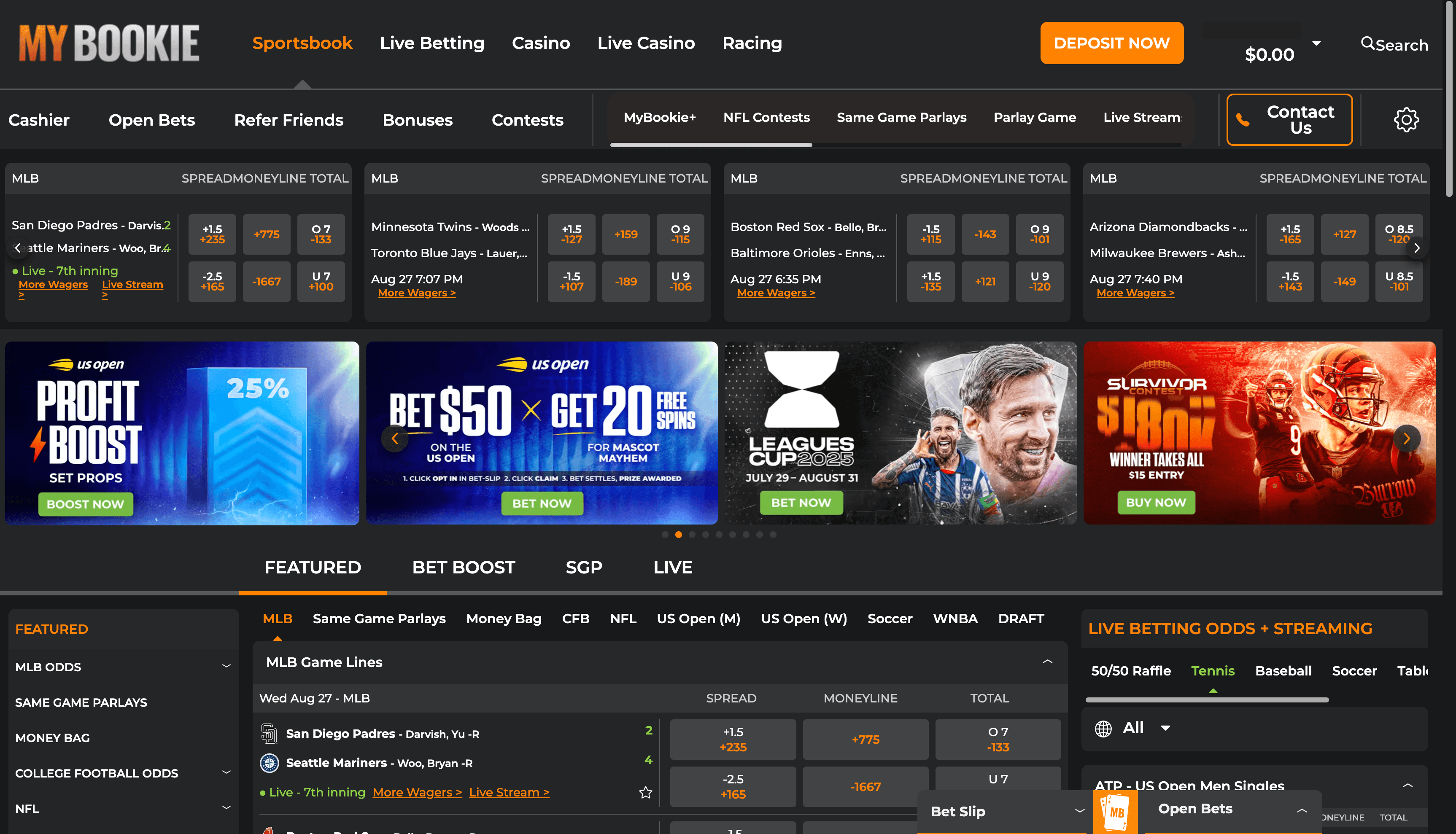 MyBookie main sportsbook interface showing the sports menu, main odds display, and bet slip