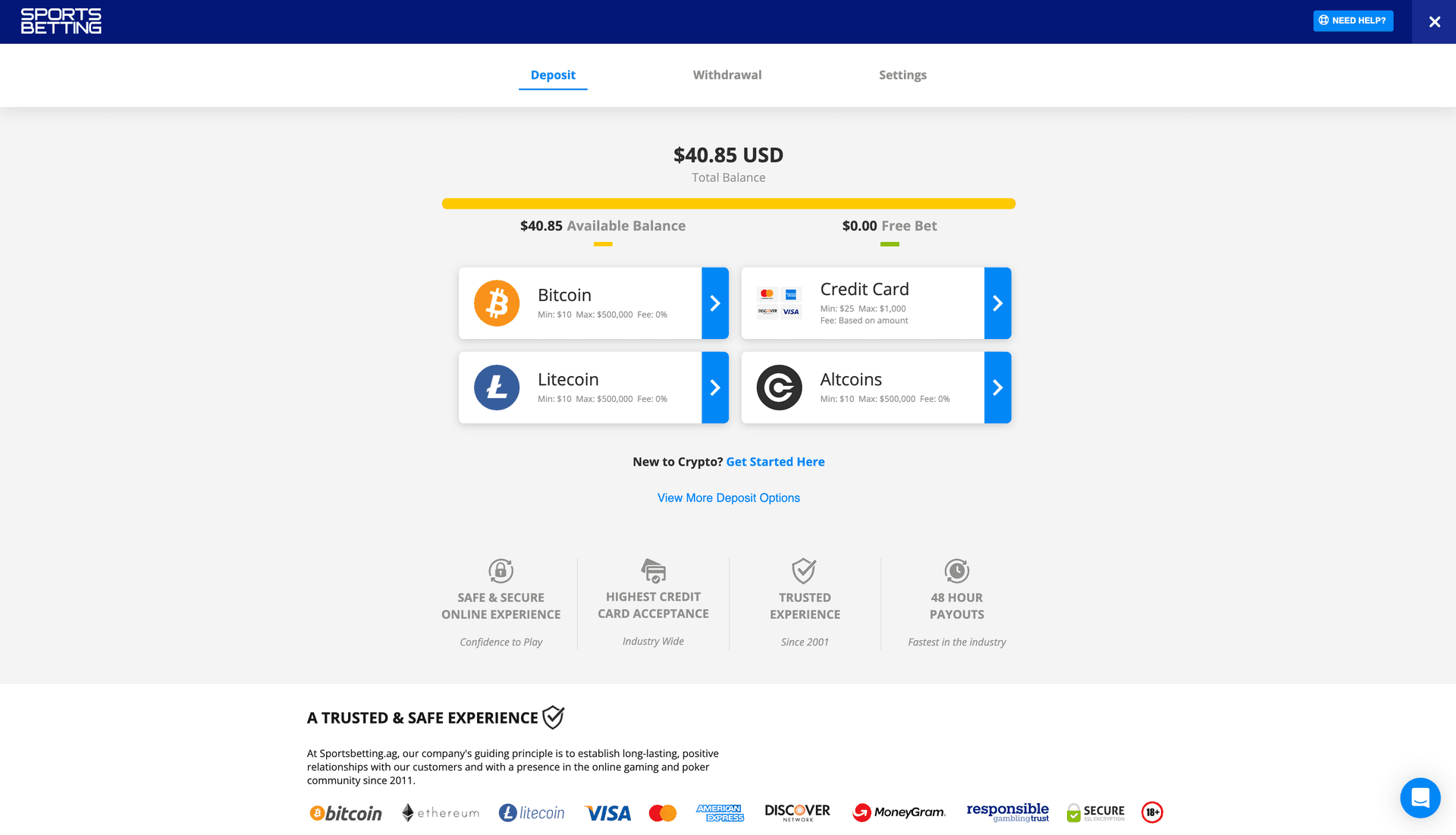 SportsBetting.ag deposit page showing various payment methods