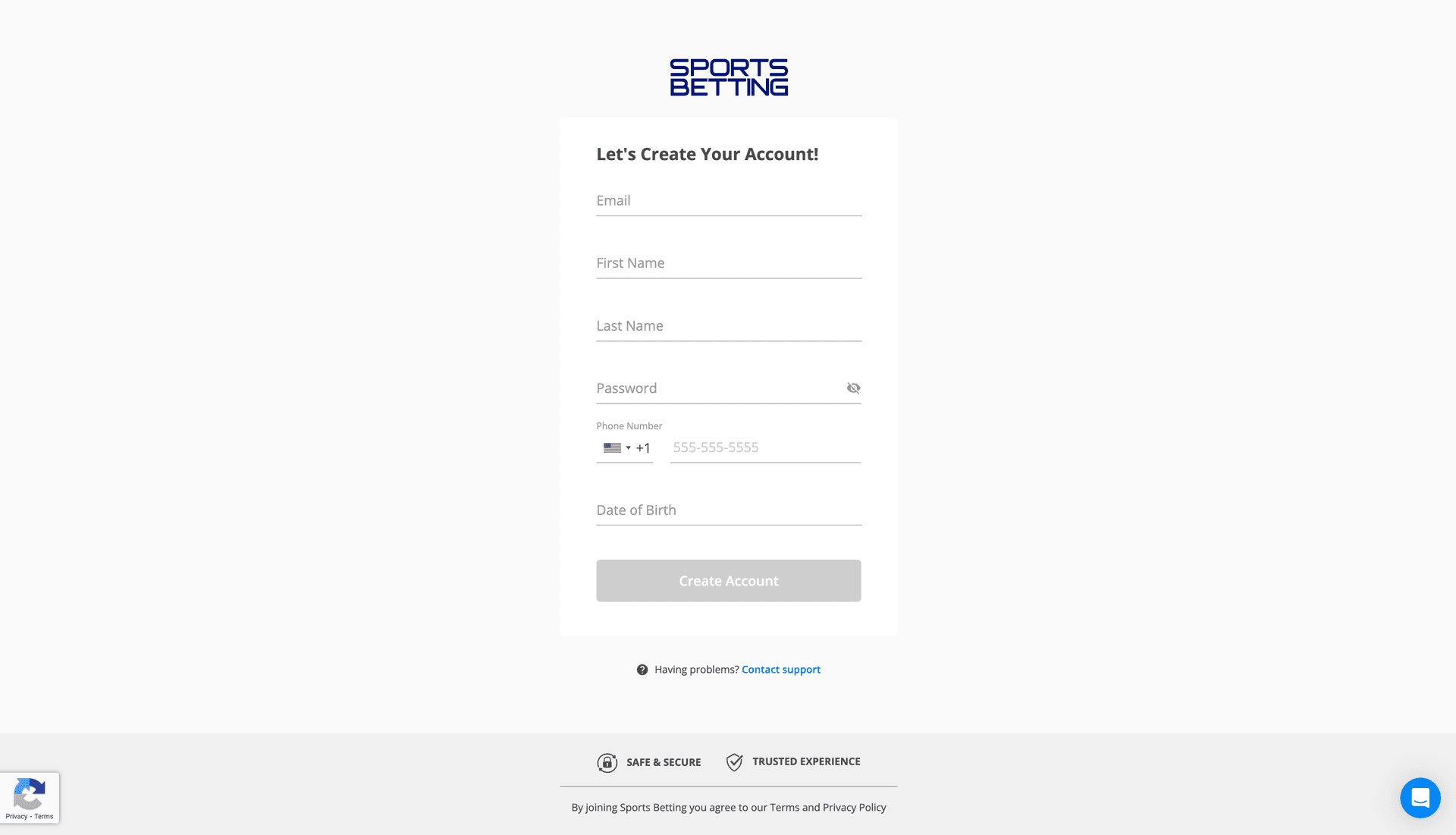 SportsBetting.ag registration form showing account creation fields
