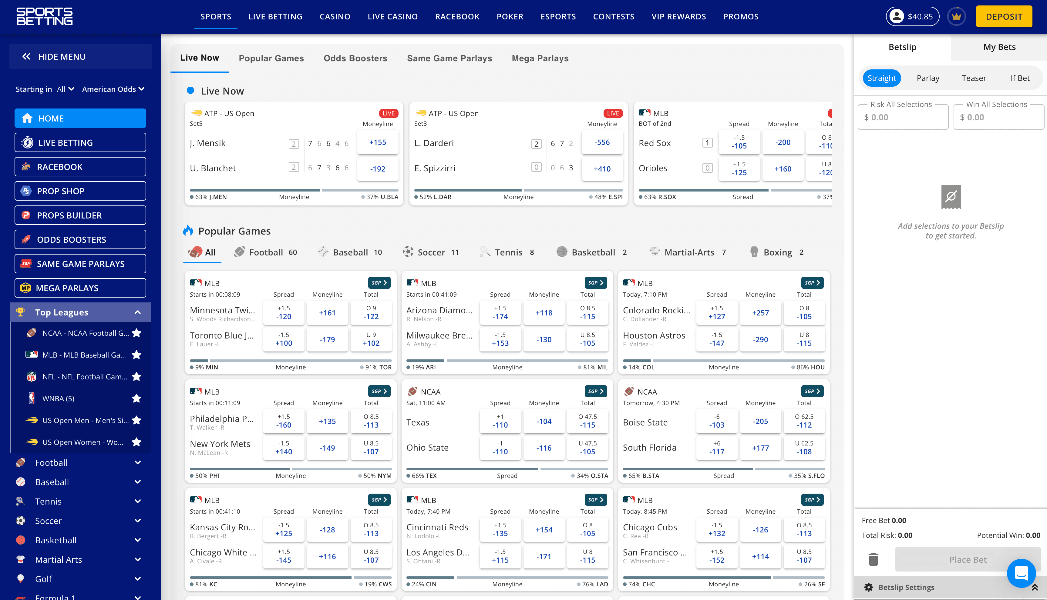 SportsBetting.ag main sportsbook interface, showing the sports menu, main odds display, and bet slip