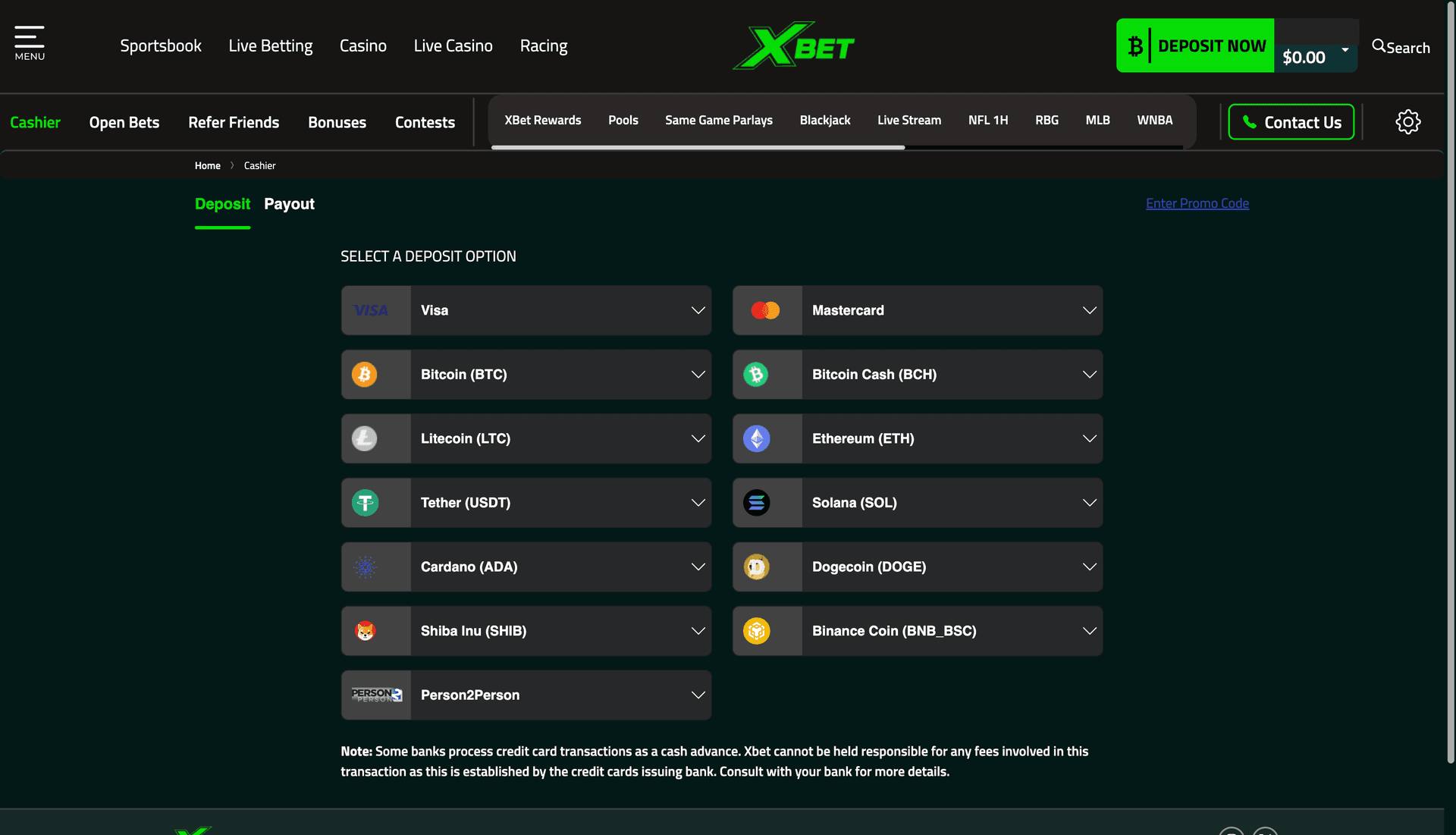 XBet deposit page showing various payment methods