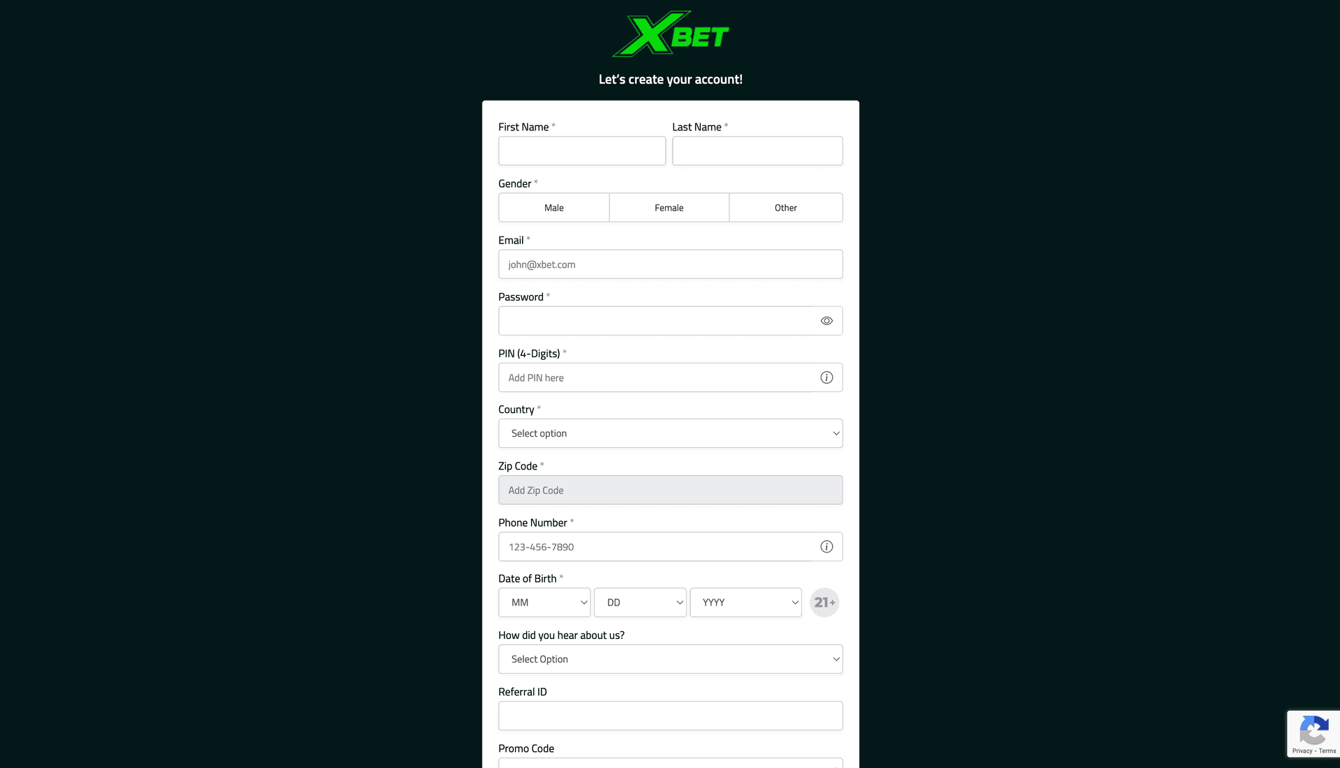 XBet registration form showing account creation fields