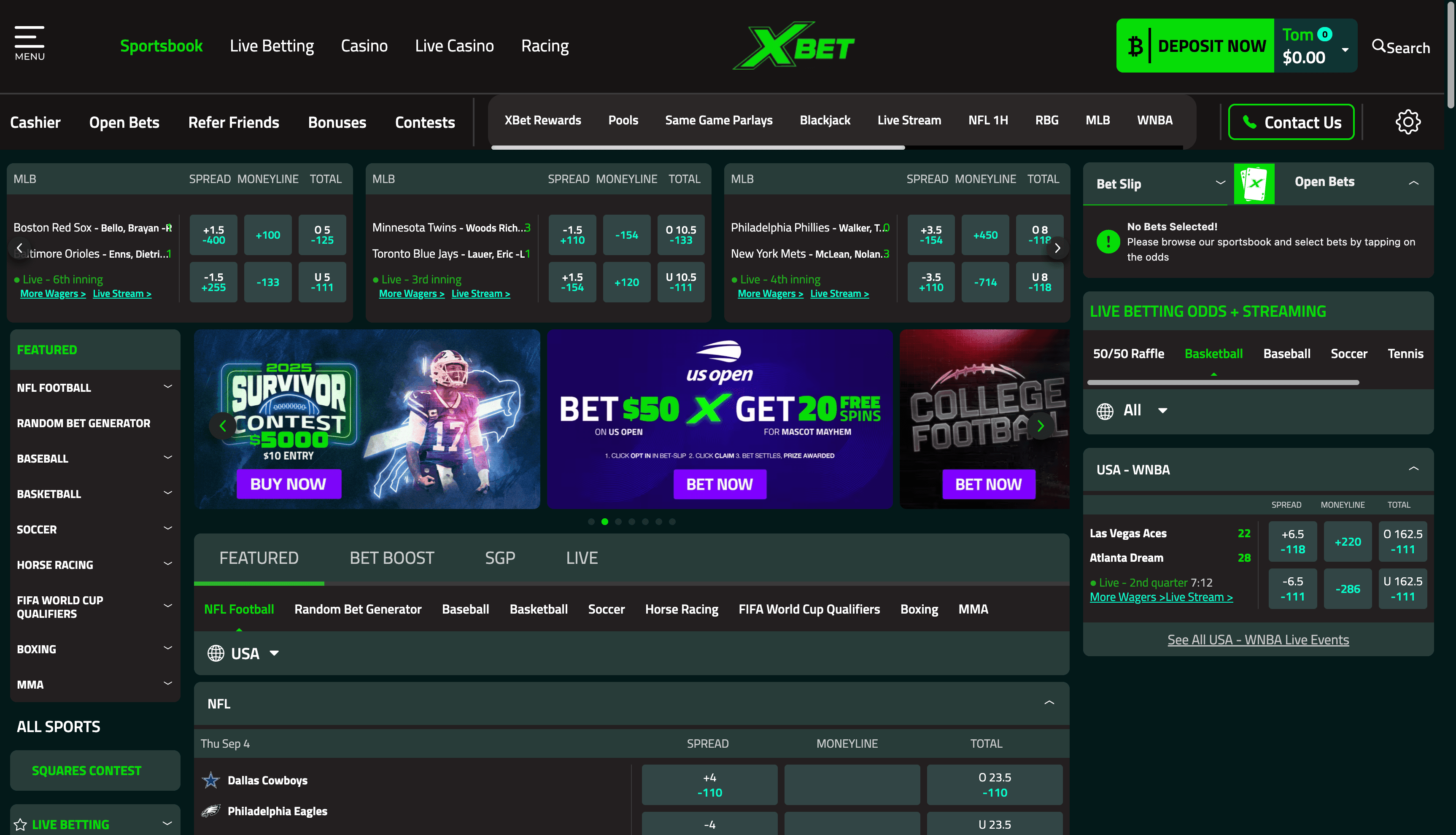 XBet sportsbook interface, showing the sports menu, main odds display, and bet slip